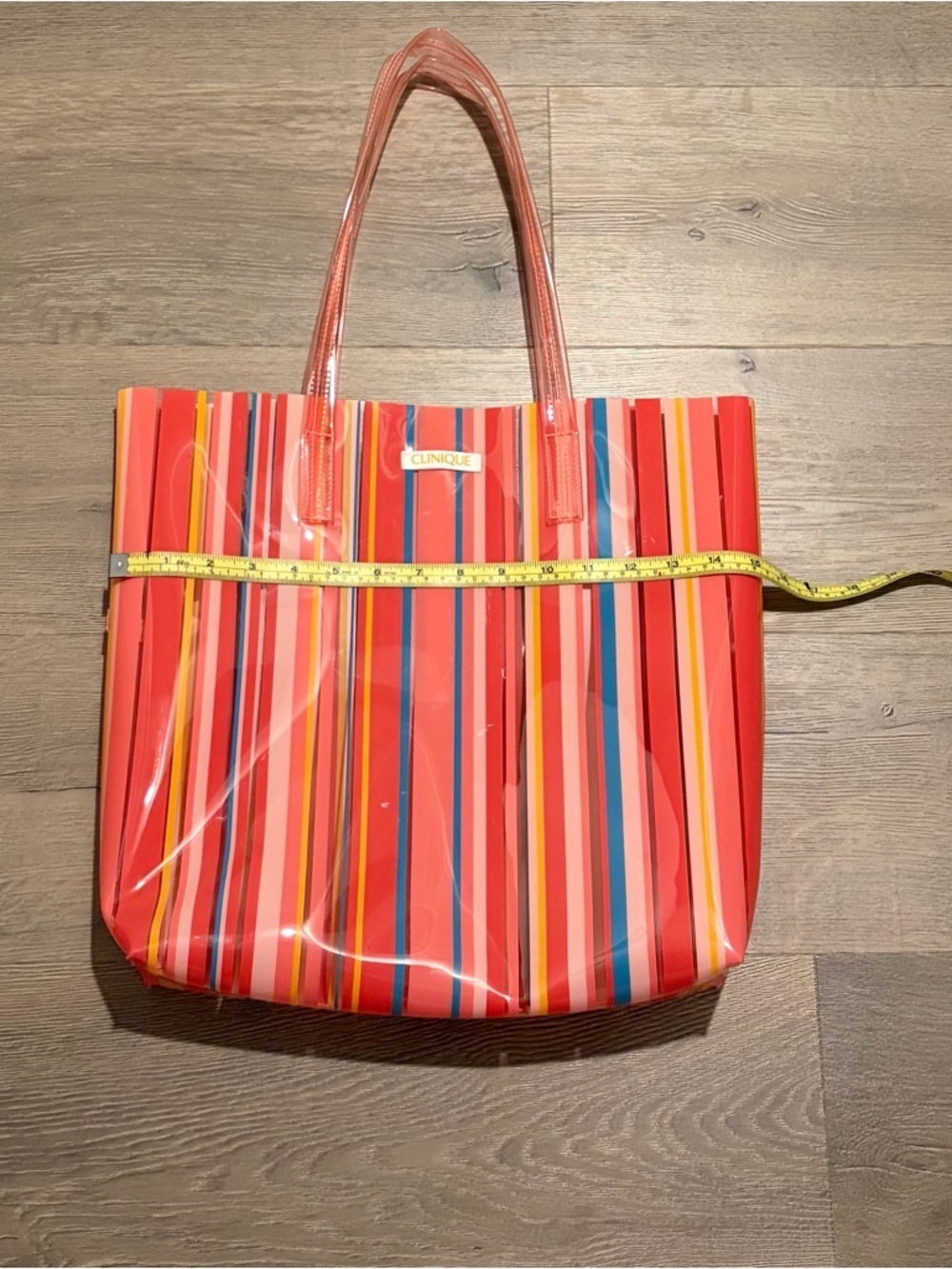 Clinique Red Multi-Stripe Clear PVC Tote with Pink and Blue Accents